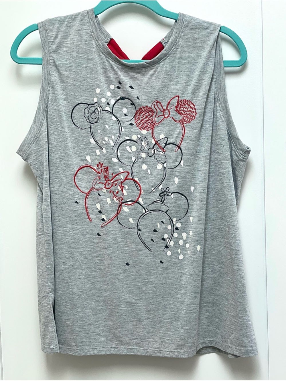 ☀️2/$20 Disney Gray Tank Top Embroidered Red Minnie & Sparkly Accents | Bow Back